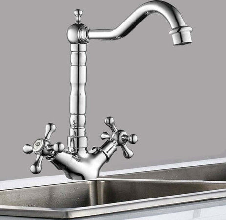 Rubinetto-Cucina-Lavabo-Doppio-Comando-Monoforo-Ottone-Cromato-Lucido-Miscelatore