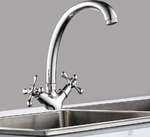 Rubinetto-Cucina-Lavabo-Monoforo-Ottone-Cromato-Lucido-Miscelatore-Doppio-Comando