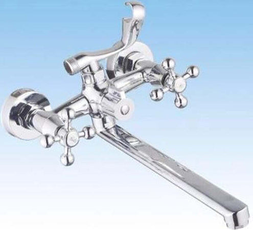 Rubinetto-Gruppo-Vasca-Da-Bagno-Cromato-Con-Canna-Lunga-Doccia-Bicomando-A-Croce