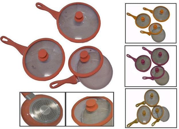 Set padelle antiaderenti pietra 6 pezzi 3 padelle+3 coperchi colorate Bavaria