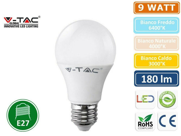 LAMPADINE LED V-TAC VT-2099 E27 BULBO 9 WATT A60 LAMPADINA LAMPADA