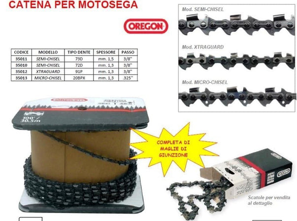 CATENA PER MOTOSEGA IN ROTOLO DA 30 MT TIPO 91P - SPESSORE mm. 1,3 - PASSO 3/8''