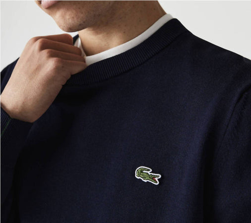 Lacoste Pullover Uomo Blu Girocollo 100% Cotone Organico Maglione Fashion Logo Coccodrillo Collo Rotondo