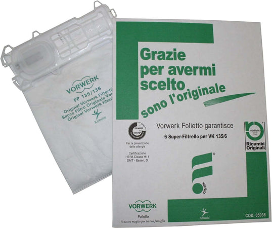Sacchetti Originali Vorwerk Folletto Super Filtrello VK135 VK136 (6 PZ)