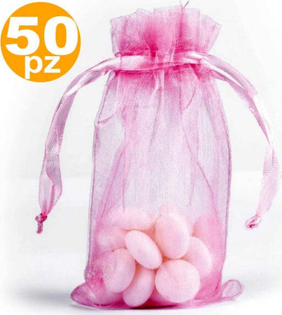 Sacchetti-Rosa-Organza-Bomboniera-Nascita-Matrimonio-Compleanno-Confetti-Regalo