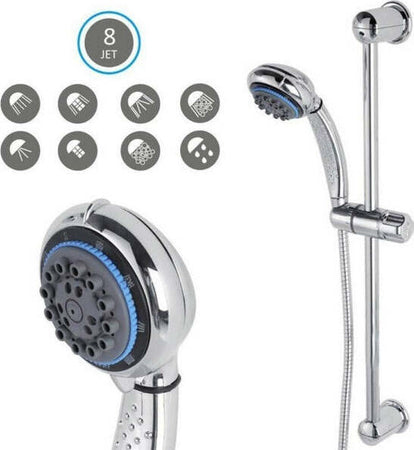 Saliscendi-Con-Soffione-Doccia-8-Funzioni-Getti-Asta-60-Cm-Cromato-Bagno-Vasca