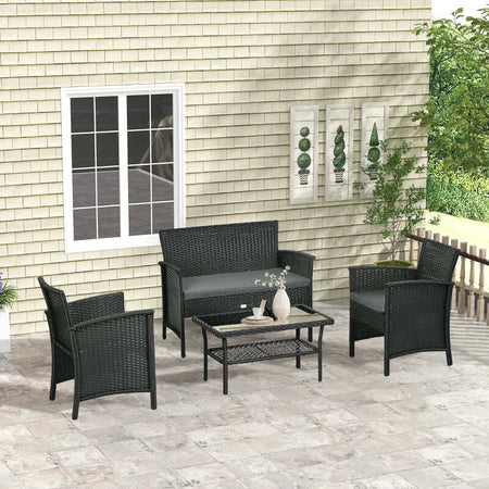 Salotto-da-Esterno-Rattan-PE-con-Divanetto,-2-Poltrone-con-Cuscini-e-Tavolino-in-Vetro,-Nero-e-Grigio-860-331V00GY