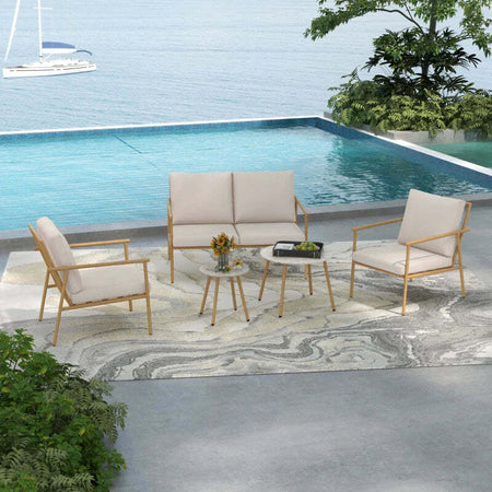 Salotto-da-Giardino-con-Divano,-2-Poltroncine-e-2-Tavolini-Effetto-Bambù-con-Cuscini,-Marrone-84G-272V00BN