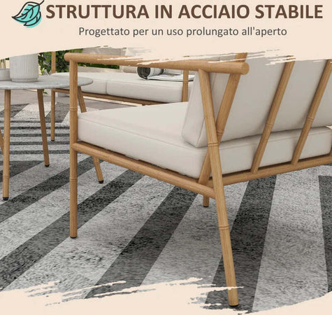 Salotto-da-Giardino-con-Divano,-2-Poltroncine-e-2-Tavolini-Effetto-Bambù-con-Cuscini,-Marrone-84G-272V00BN