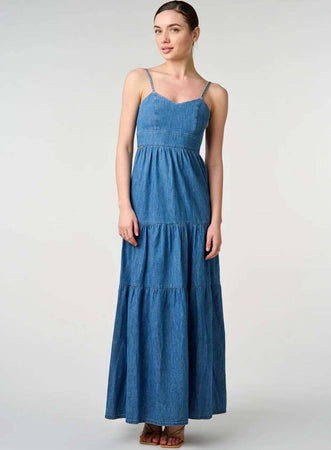 Sarah-Chole-Vestito-Donna-Jeans-Estivo-Lungo-Casual-LIAM-Abito-In-Cotone-Denim-Blu