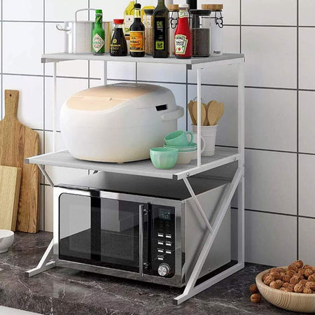 Scaffale-Mensole-Cucina-Mobiletto-Porta-Microonde-2-Ripiani-Metallo-Legno-Bianco