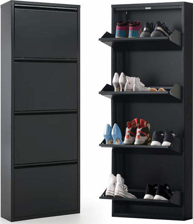 Scarpiera-Slim-Metallo-4-Ante-Ripiani-Portascarpe-Salvaspazio-140x50x14cm-Nero