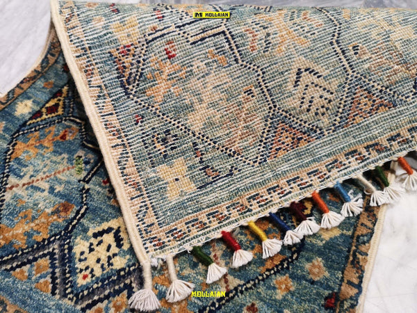 Scendiletto-Sultanabad-Ziegler-Mini-Tappeto-60x37cm-Afghanistan-Disegni-Floreali-E-Geometrici-Moderni-Azzurro-Multicolore