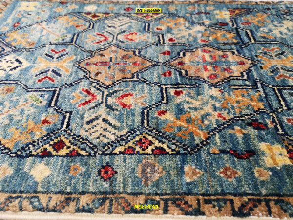 Scendiletto-Sultanabad-Ziegler-Mini-Tappeto-60x37cm-Afghanistan-Disegni-Floreali-E-Geometrici-Moderni-Azzurro-Multicolore