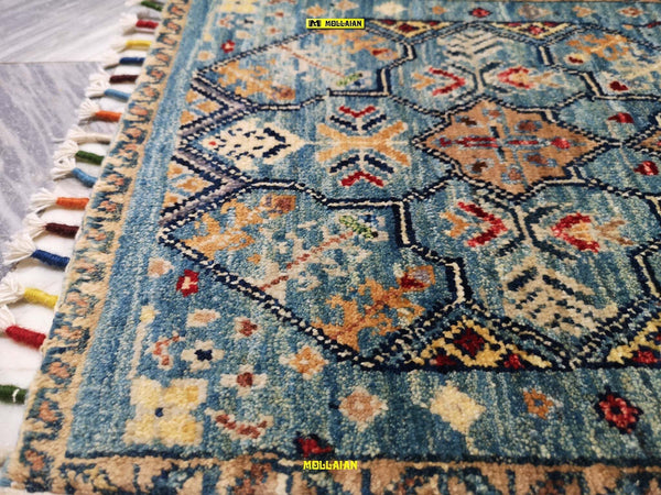 Scendiletto-Sultanabad-Ziegler-Mini-Tappeto-60x37cm-Afghanistan-Disegni-Floreali-E-Geometrici-Moderni-Azzurro-Multicolore