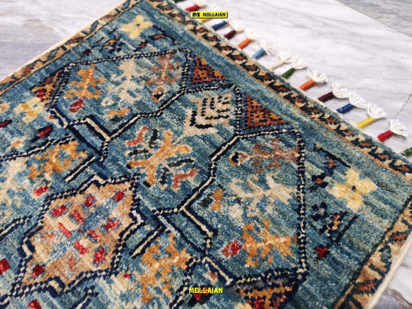 Scendiletto-Sultanabad-Ziegler-Mini-Tappeto-60x37cm-Afghanistan-Disegni-Floreali-E-Geometrici-Moderni-Azzurro-Multicolore