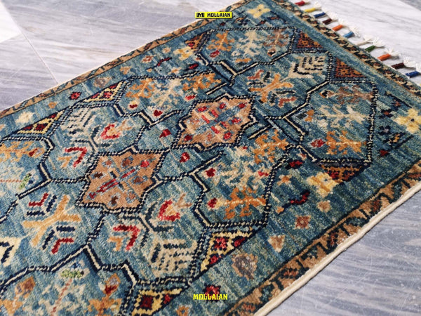 Scendiletto-Sultanabad-Ziegler-Mini-Tappeto-60x37cm-Afghanistan-Disegni-Floreali-E-Geometrici-Moderni-Azzurro-Multicolore