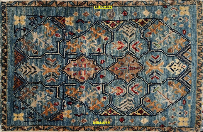 Scendiletto-Sultanabad-Ziegler-Mini-Tappeto-60x37cm-Afghanistan-Disegni-Floreali-E-Geometrici-Moderni-Azzurro-Multicolore