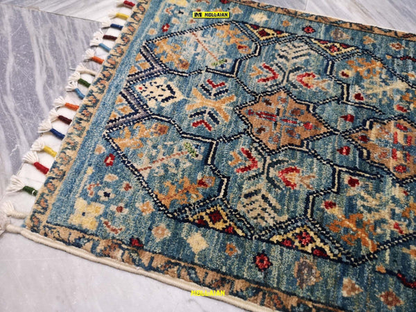 Scendiletto-Sultanabad-Ziegler-Mini-Tappeto-60x37cm-Afghanistan-Disegni-Floreali-E-Geometrici-Moderni-Azzurro-Multicolore