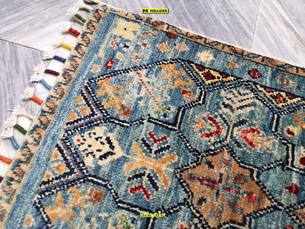 Scendiletto-Sultanabad-Ziegler-Mini-Tappeto-60x37cm-Afghanistan-Disegni-Floreali-E-Geometrici-Moderni-Azzurro-Multicolore