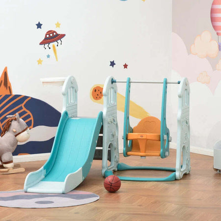 Scivolo-3-in-1-per-Bambini-con-Altalena-Regolabile,-Canestro-e-Palle-per-Cameretta-e-Giardino,-149x186x98cm,-Blu-e-Arancione-GH5331-007GH5