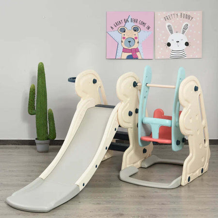 Scivolo-3-in-1-per-Bambini-con-Altalena-Regolabile,-Canestro-e-Palle-per-Cameretta-e-Giardino,-160x220x120cm,-Bianco,-Azzurro-e-Grigio-ED9331-002ED9
