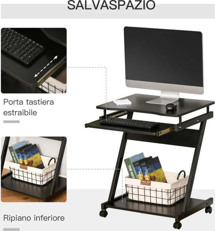 Scrivania-per-Computer-Porta-PC-Classico-e-Salvaspazio,-Scrivania-per-cameretta-con-Piano-Tastiera-a-Scomparsa,-4-Ruote-e-Ripiano-Inferiore-Nero-60x48x73cm-QS2836-293BKQS2