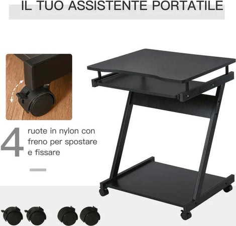 Scrivania-per-Computer-Porta-PC-Classico-e-Salvaspazio,-Scrivania-per-cameretta-con-Piano-Tastiera-a-Scomparsa,-4-Ruote-e-Ripiano-Inferiore-Nero-60x48x73cm-QS2836-293BKQS2