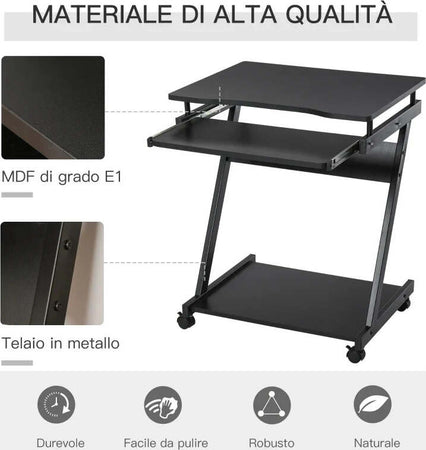 Scrivania-per-Computer-Porta-PC-Classico-e-Salvaspazio,-Scrivania-per-cameretta-con-Piano-Tastiera-a-Scomparsa,-4-Ruote-e-Ripiano-Inferiore-Nero-60x48x73cm-QS2836-293BKQS2