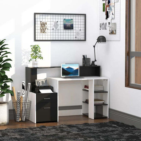 Scrivania-per-Ufficio-con-Ripiano-Stampante,-2-Cassetti-e-3-Mensole,-in-MDF-Bianco-e-Nero,-137-x-55-x-92cm-ZB4920-026ZB4