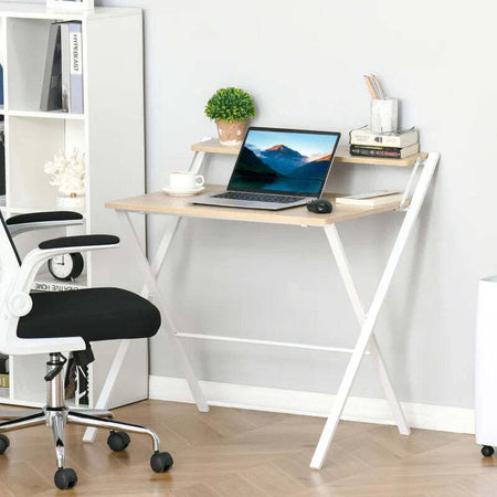 Scrivania-Pieghevole-Salvaspazio-con-Mensola-Superiore-per-Camera-e-Ufficio,-81.5x70x84cm,-Color-Legno-e-Bianco-QY5836-329QY5
