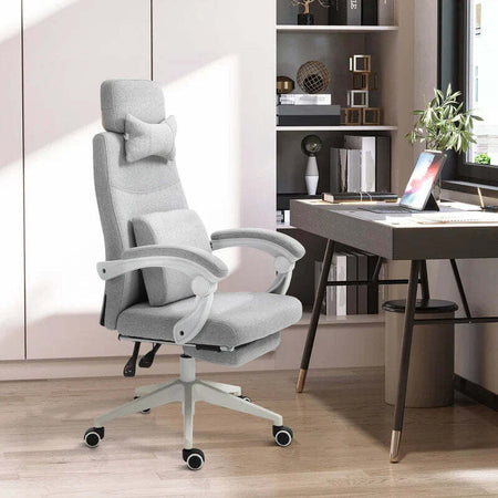 Sedia-da-Ufficio-Ergonomica,-Sedia-da-Scrivania-con-Rotelle,-Cuscino-Lombare,-Poggiatesta-e-Poggiapiedi-Estraibile,-Grigia-62x68x117-127cm-YH1921-253YH1