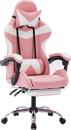 Sedia-Poltrona-Gaming-Ufficio-Casa-In-Ecopelle-Cuscino-Lombare-Poggiatesta-Piedi-Rosa