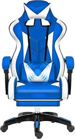 Sedia-Poltrona-Ufficio-Casa-In-Ecopelle-Cuscino-Lombare-Poggiatesta-Piedi-Blu-Bianco