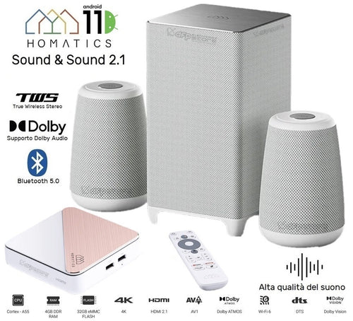 Homatics BOX R PLUS 4K 4/32GB Android TV 11 certificato Google più Sistema Audio Surround Sound & Sound 2.1 con due altoparlanti e subwoofer True Wireless Stereo Bluetooth