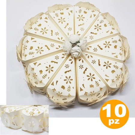 Set-10-Bomboniere-Scatolina-Spicchio-Torta-Bianco-Fiore-Portaconfetti-Matrimonio