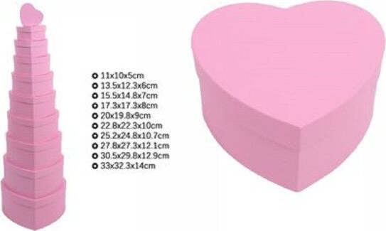 Set-10-Pz-Scatole-Box-Per-Regali-Varie-Misure-Matrioska-Forma-Cuore-Rosa-71958