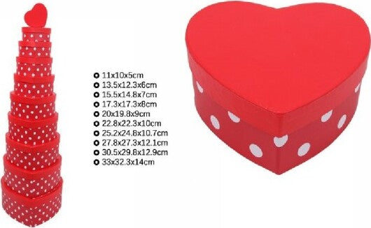 Set-10-Pz-Scatole-Box-Regali-Varie-Misure-Matrioska-Forma-Cuore-Rosso-Pois-71953