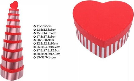 Set-10pz-Scatole-Box-Regali-Varie-Misure-Matrioska-Forma-Cuore-Rosso-Righe-71955