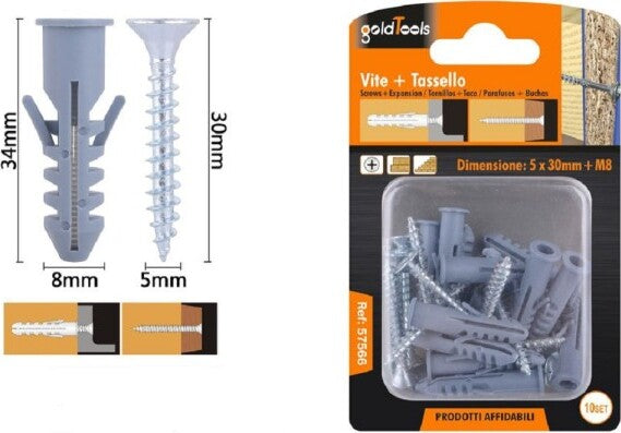 Set-10pz-Viti-Vite-Croce-5x30-Mm-+-Tasselli-Con-Alette-Tassello-M8-Fischer-57566