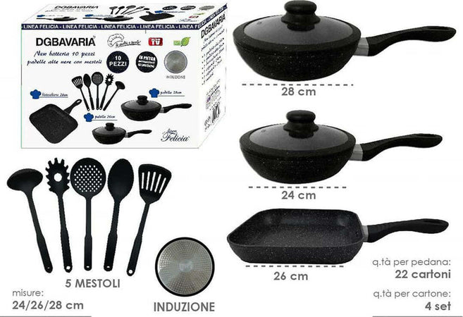 Set 10x Pentole Da Cucina Dg Bavaria Batteria Pentole in Pietra Lavica Nera 10 Pezzi Antiaderenti per Tutti I Pieni Di Cottura Pentole, Padelle + Mestoli + Coperchi in Vetro Casa e cucina/Pentole padelle e pirofile/Pentole e padelle/Set/Set di pentole e padelle Puleo Casa - Palermo, Commerciovirtuoso.it