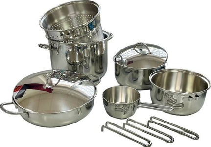 Set-11-pezzi-di-pentole-barazzoni-in-acciaio-inox-18/10lucidato-a-specchio-,-set-camping-impilabile-con-scolapasta