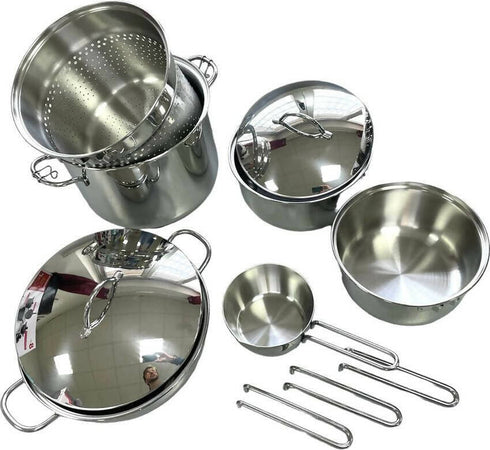 Set-11-pezzi-di-pentole-barazzoni-in-acciaio-inox-18/10lucidato-a-specchio-,-set-camping-impilabile-con-scolapasta