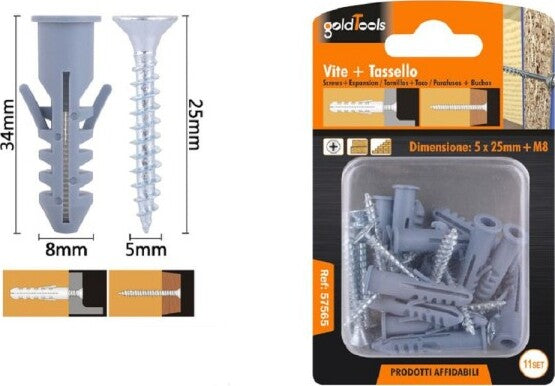 Set-11pz-Viti-Vite-Croce-5x25mm-+-Tasselli-Con-Alette-Tassello-M8-Fischer-57565