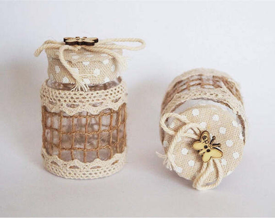 Set-12-Bomboniere-Barattolo-Beige-Pois-4x6.5cm-Plastica-Rete-Farfalla-Portaconfetti