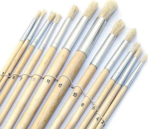 Set-12-Pennelli-Pennello-Punta-Tonda-Manico-Legno-Lungo-Pittura-Arte-Decoupage