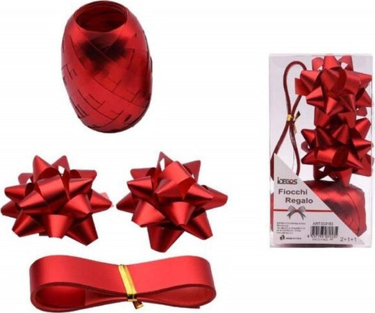Set-2-Coccarde-1-Rotolo-1-Nastro-Coccarda-Lucida-Confezione-Regalo-Decorazioni-Rosso