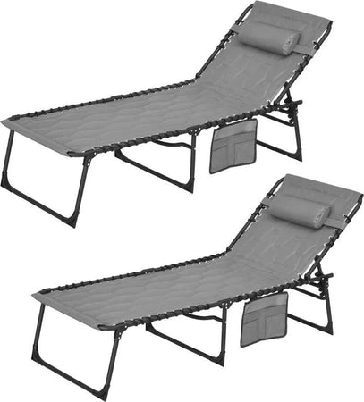 Set-2-Lettini-Prendisole-con-Schienale-Reclinabile-e-Tasca,-in-Acciaio-e-Poliestere,-65x188x36-cm,-Grigio-e-Nero-84G-268V01GY