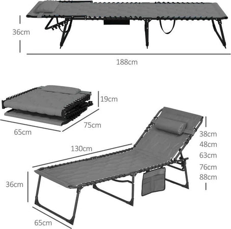 Set-2-Lettini-Prendisole-con-Schienale-Reclinabile-e-Tasca,-in-Acciaio-e-Poliestere,-65x188x36-cm,-Grigio-e-Nero-84G-268V01GY