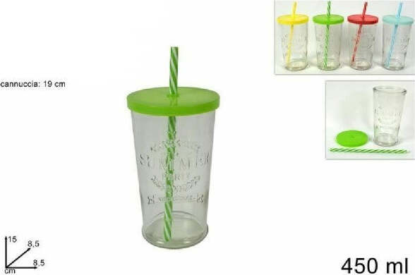 Set-2-Pezzi-Bicchiere-Bicchieri-Di-Vetro-Con-Coperchio-Cannuccia-Colorata-450-Ml